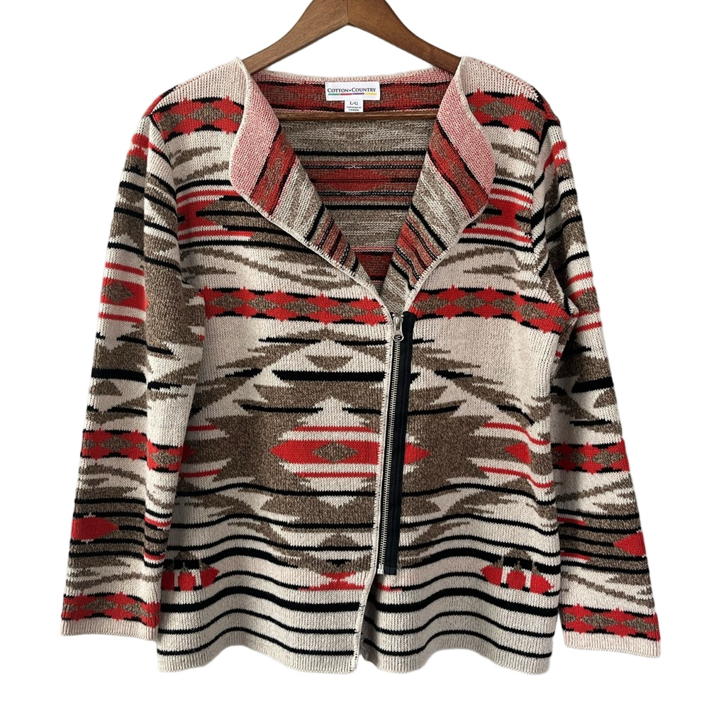 Cotton Country Geometric Patterned Zip Up Cardigan Size L